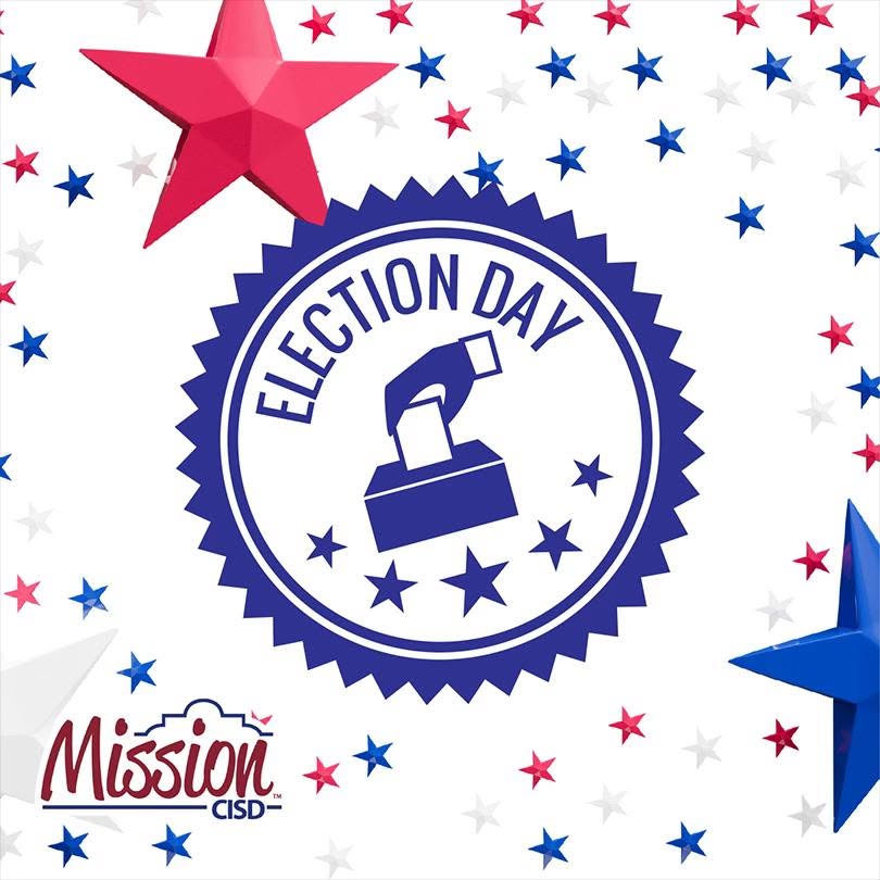 Graphic celebrating Election Day featuring a ballot box icon, red and blue stars, and the Mission CISD logo.
